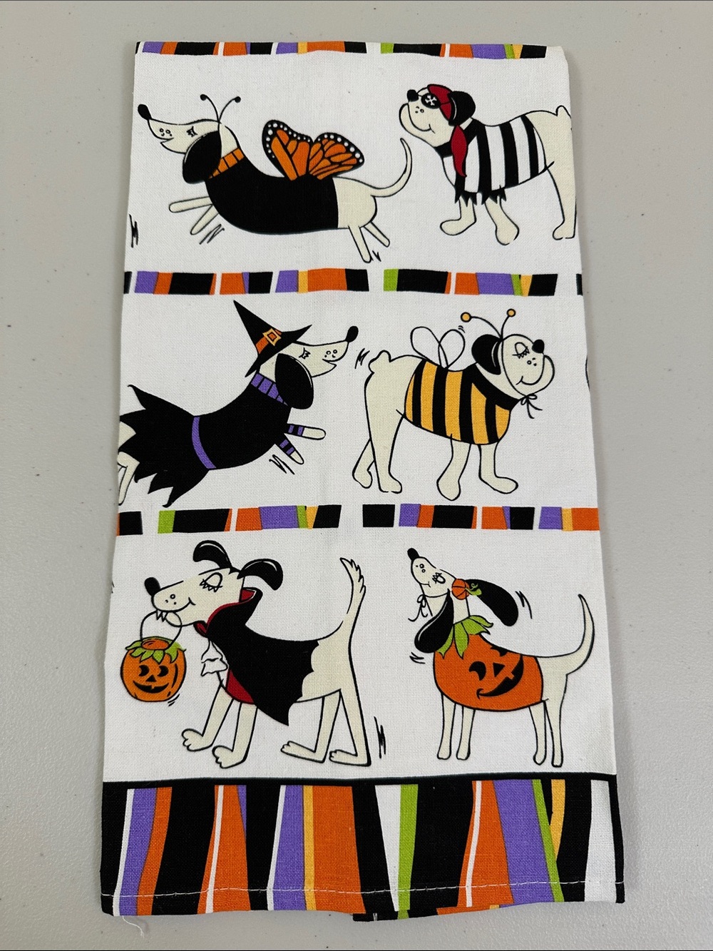 Halloween Dog Print Kitchen Towel - White with Orange, Black & Purple